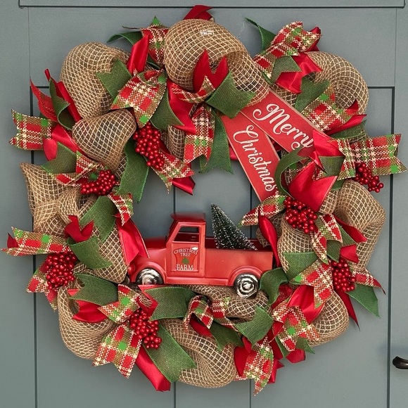 Red Truck Christmas Wreath Farmhouse Plaid Rustic Holiday Decor Made to Order - Picture 1 of 6